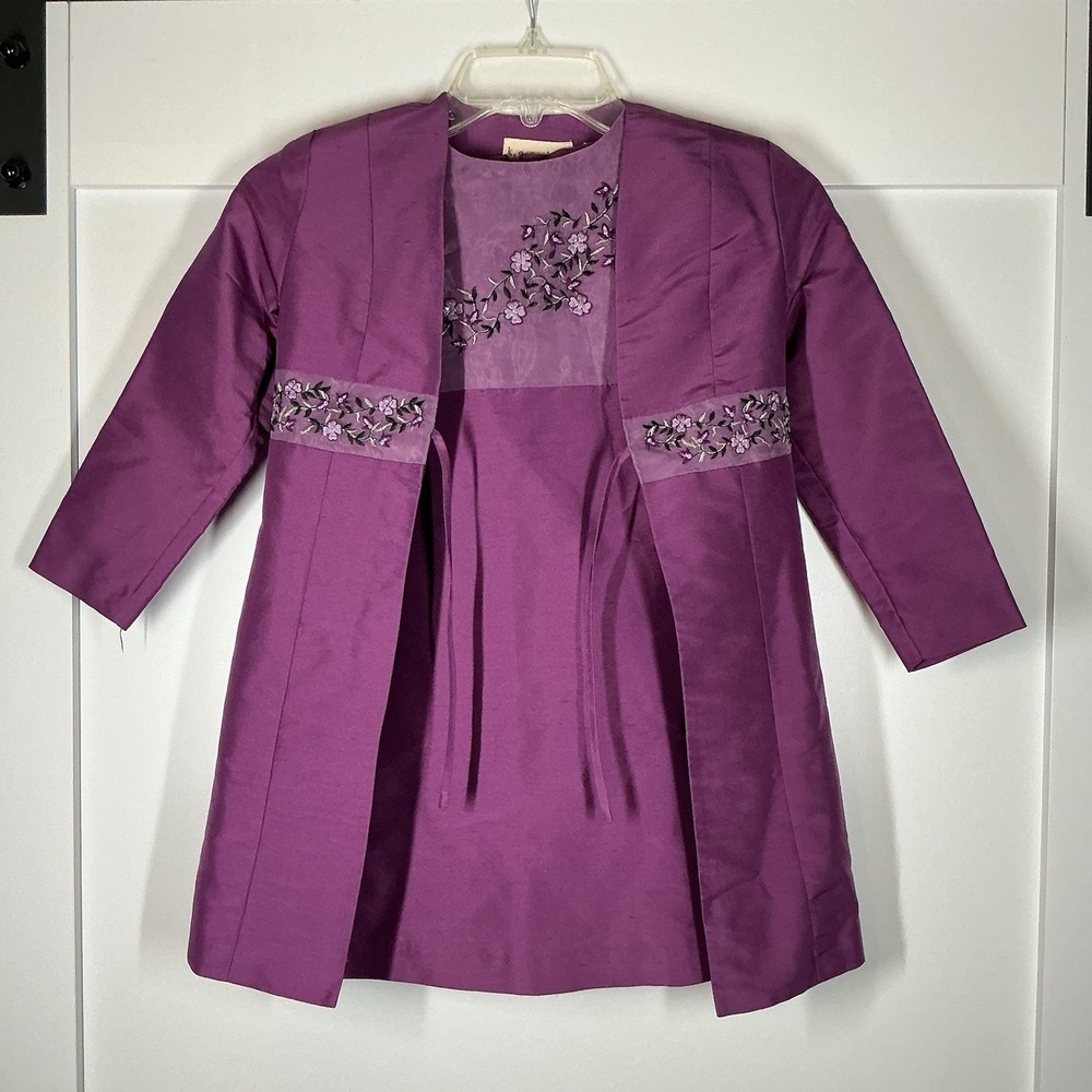 Vintage K.C. Parker Girls Purple 100% Silk Sheath Dress &‎ Overcoat Sz 6 Floral